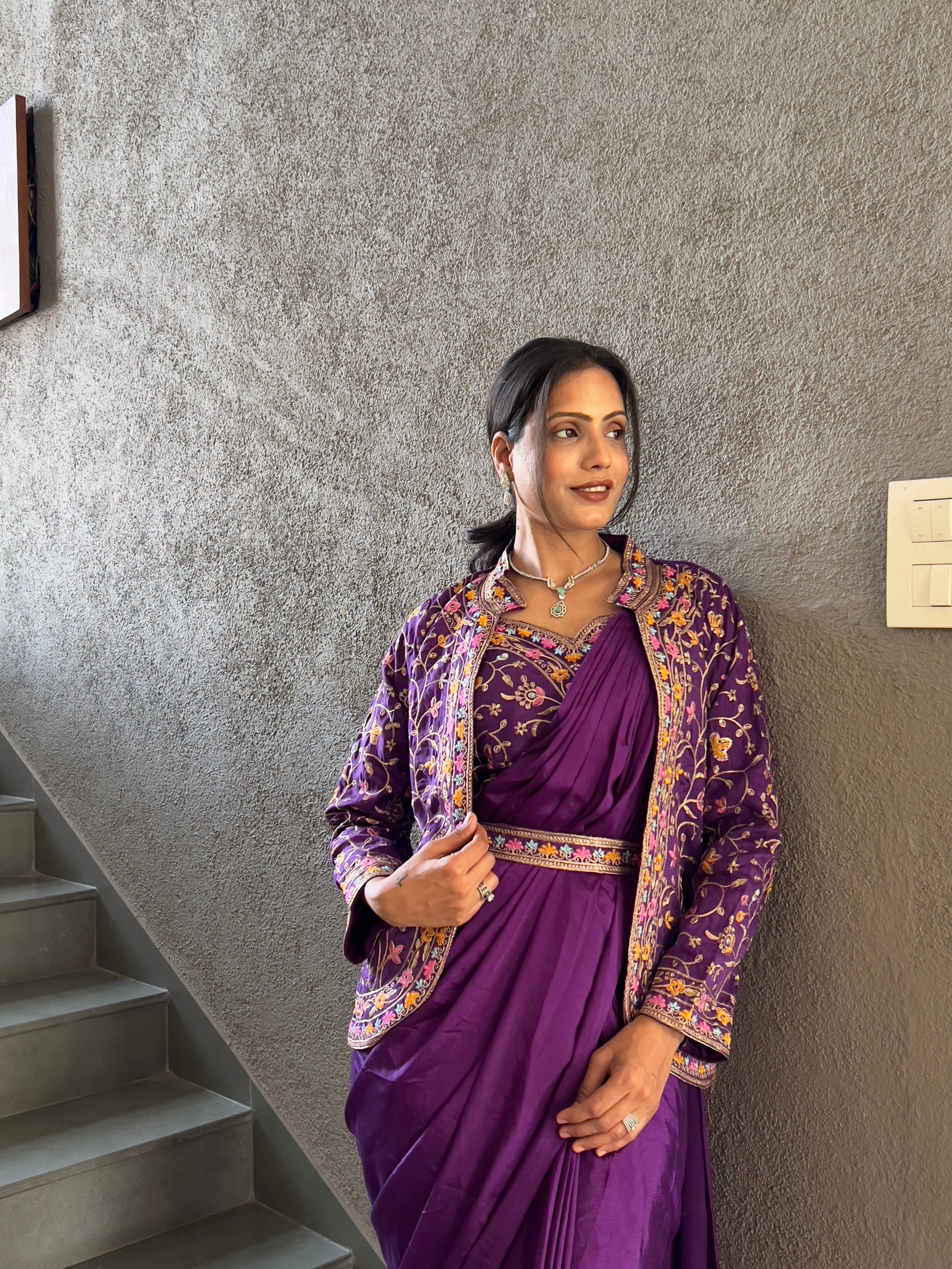 Heavy Chinon Jacket Saree With Blouse and Cording Embroidered Work
