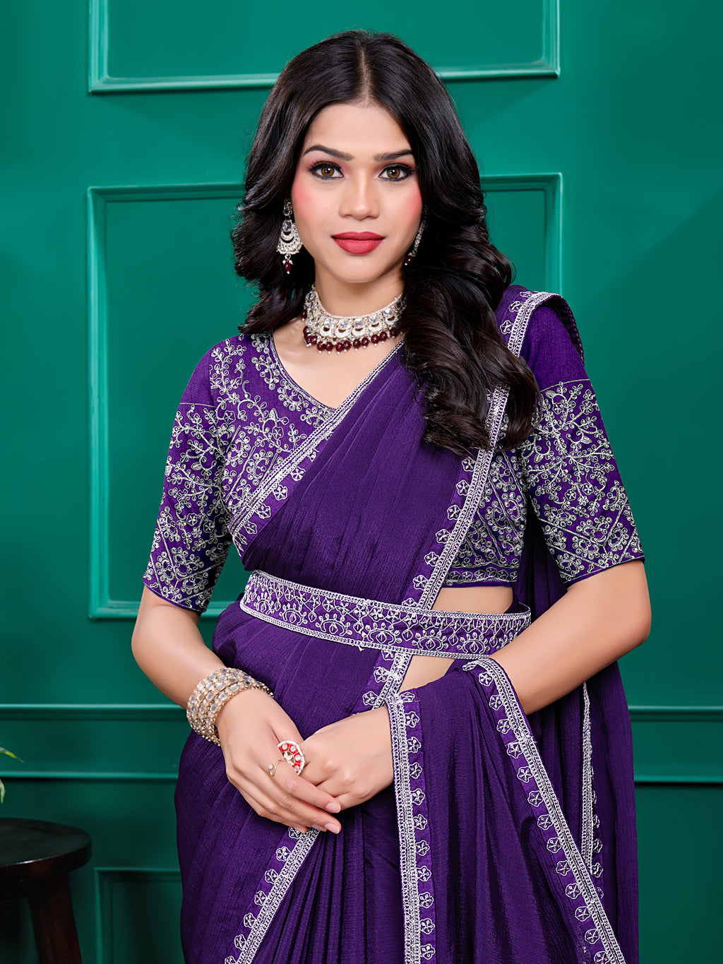 Chiffon Embroidery Sequence Lace Border Saree With Belt