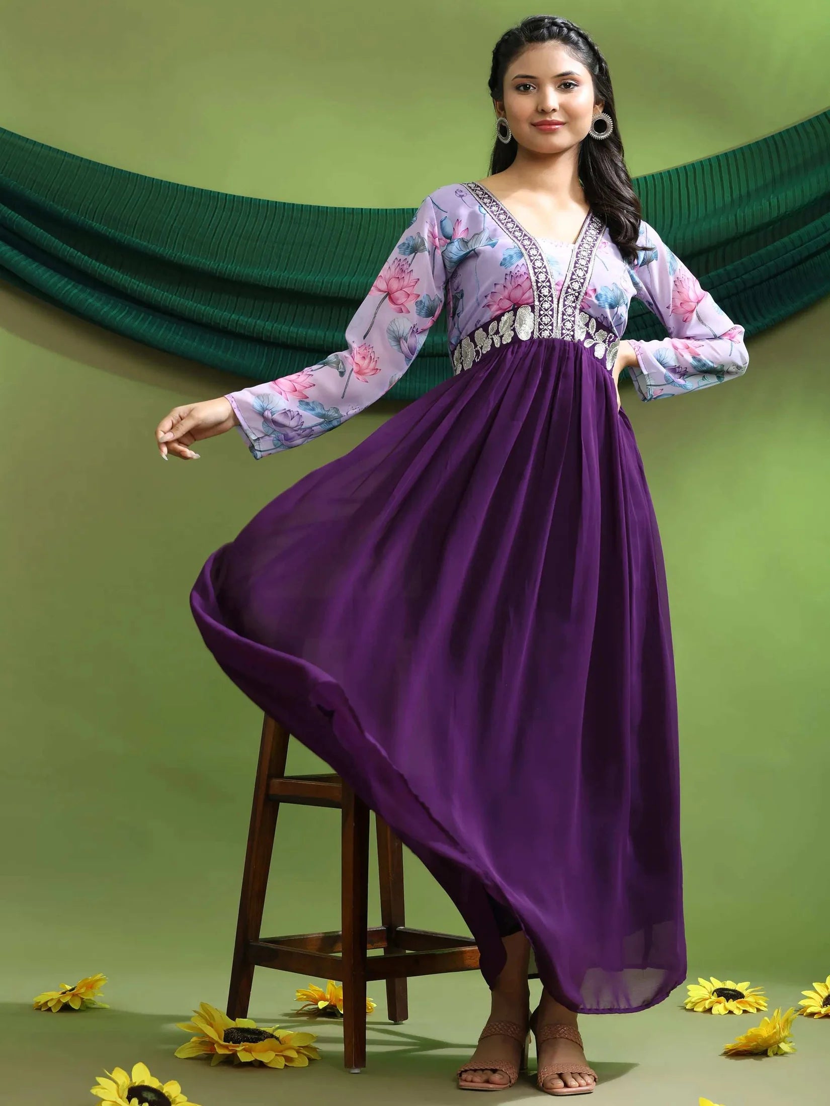 Georgette Embroidery Flared Maxi Gown