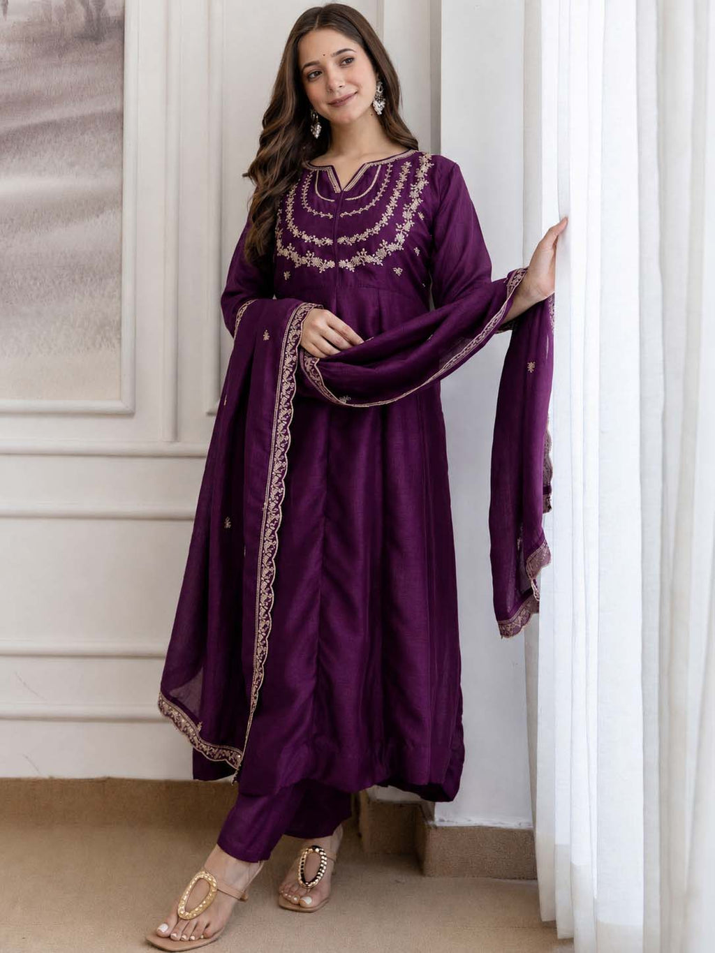 Embroidery Vichitra Silk Anarkali Kurta Pant Set With Dupatta