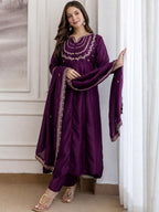 Embroidery Vichitra Silk Anarkali Kurta Pant Set With Dupatta