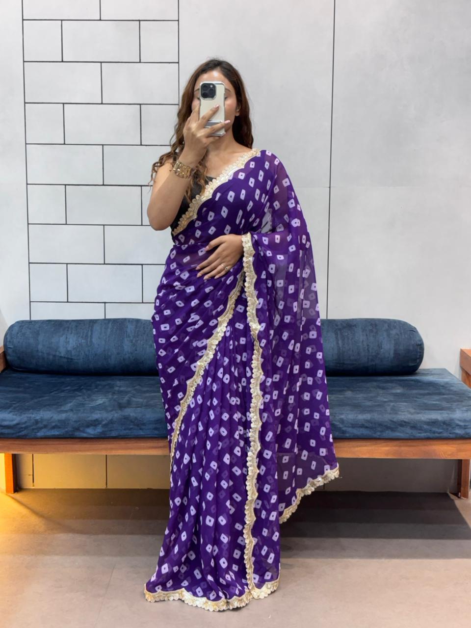 Elegant Leriya Print Georgette Saree with Embroidery Sequence Lace