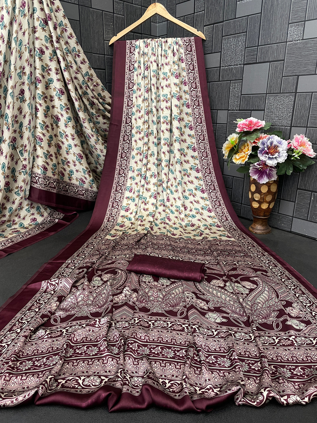 Satin Silk Saree with Floral & Paisley Prints