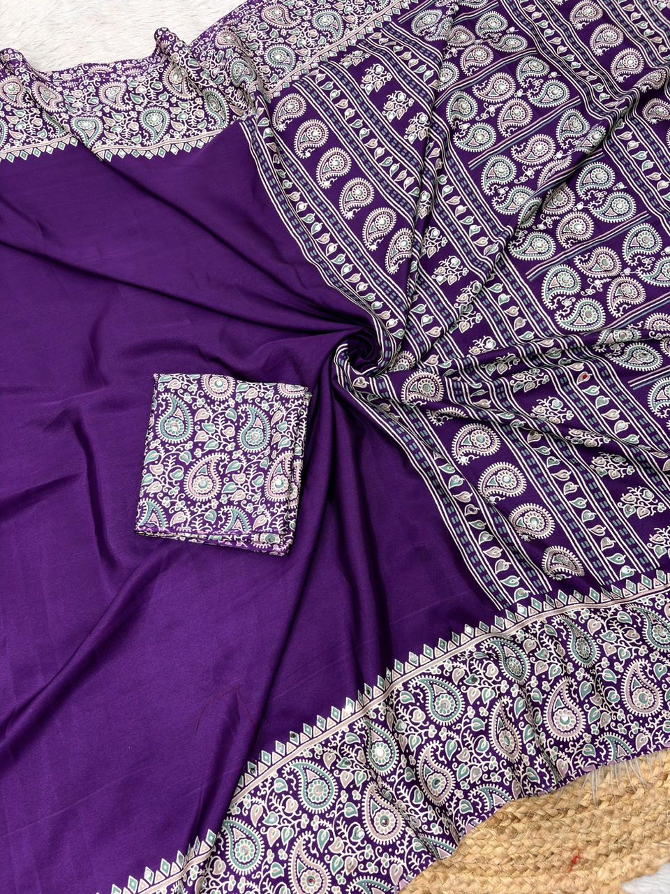 Soft Satin Ajrakh Printed Saree with Mirror Work