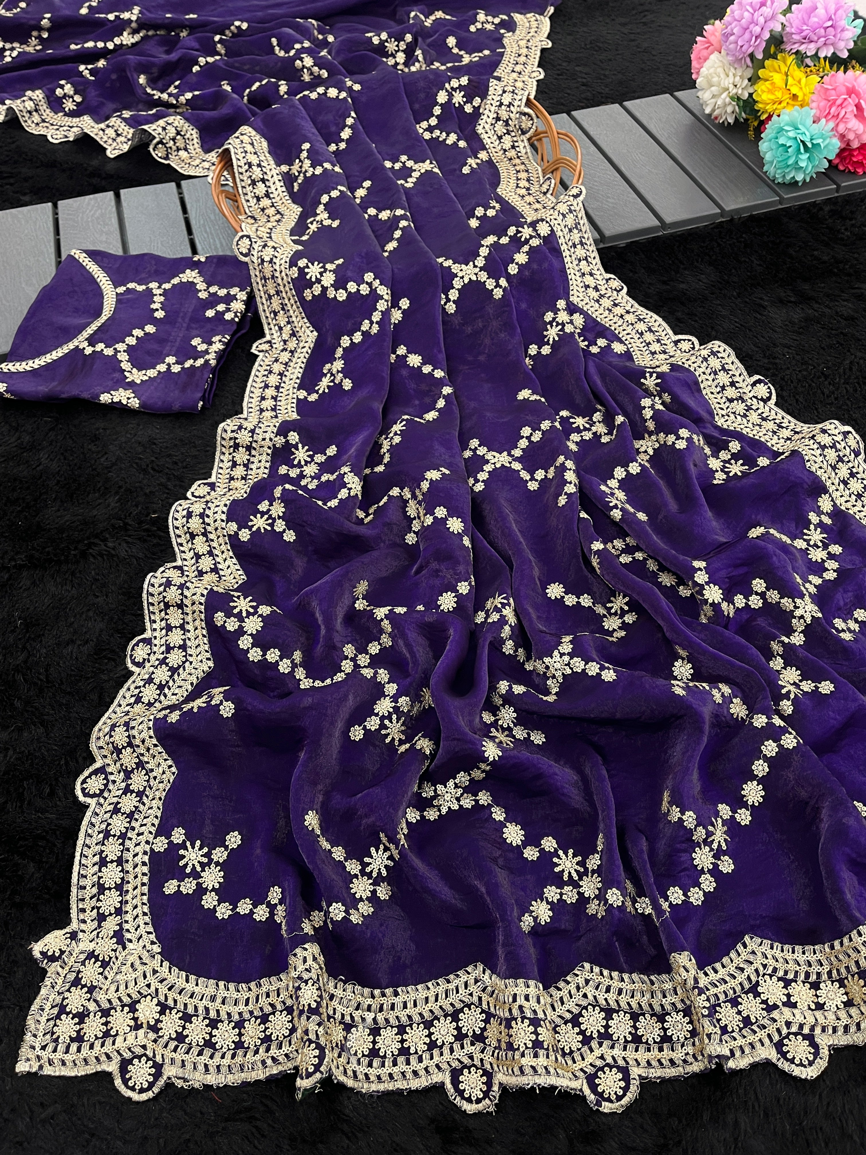 Premium Satin Silk & Chiffon Saree with All-Over Sequence Embroidery