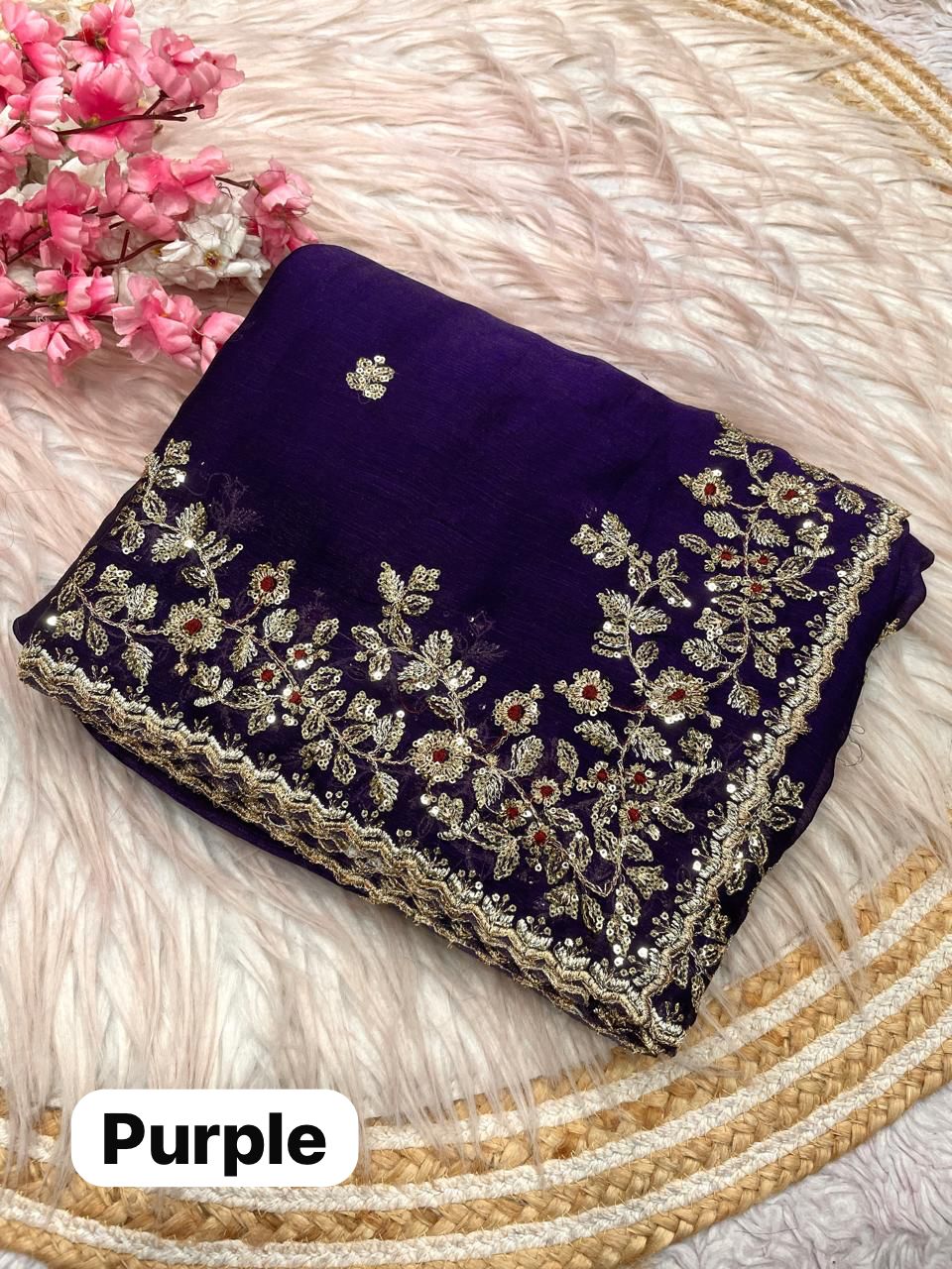 Soft Chiffon Saree With Embroidery Sequence Butti Work