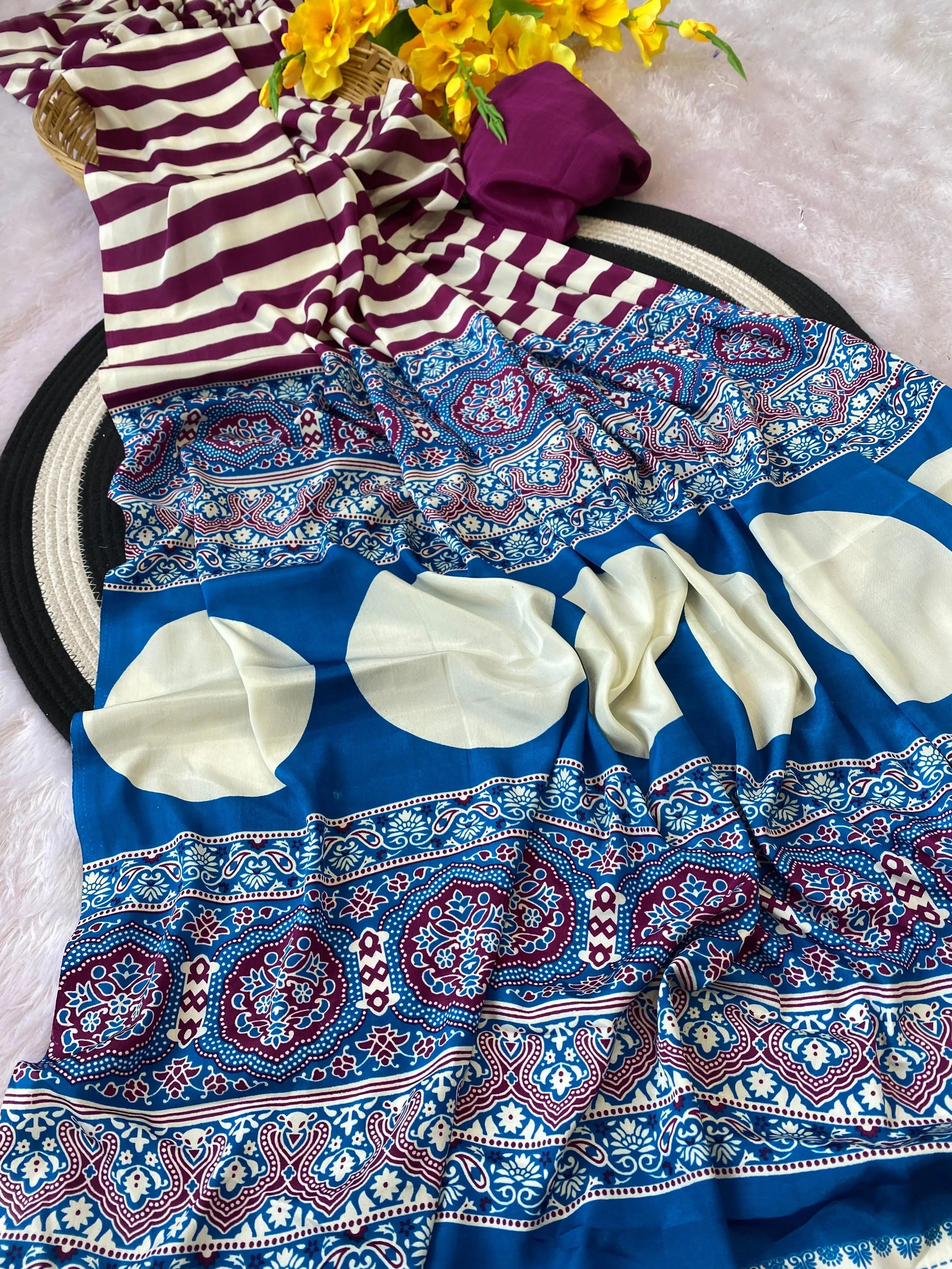 Printed Satin Saree with Unstitched Blouse Piece