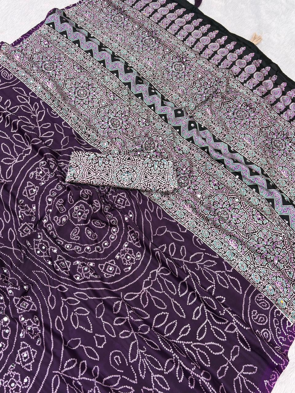 Soft Satin Ajrakh Printed Mirror Work Saree with Lace Border