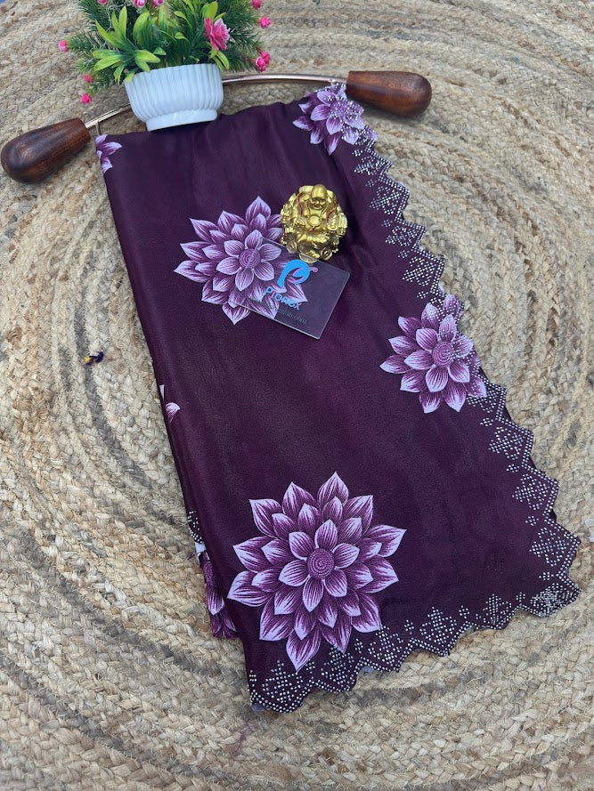 Printed Chinon Saree with Sparkling Siroksi Diamond Work Border