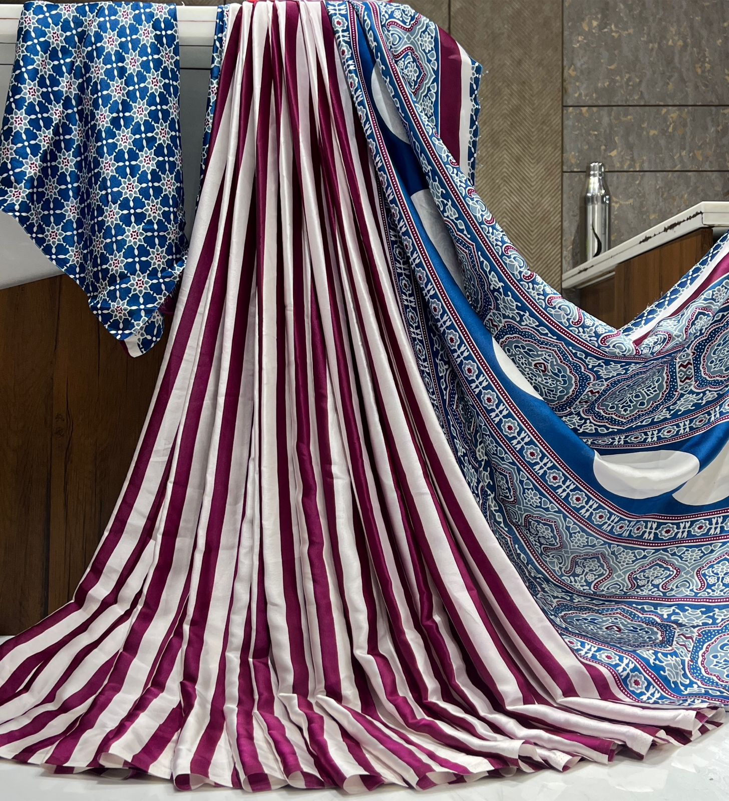 Printed Satin Saree with Unstitched Blouse Piece