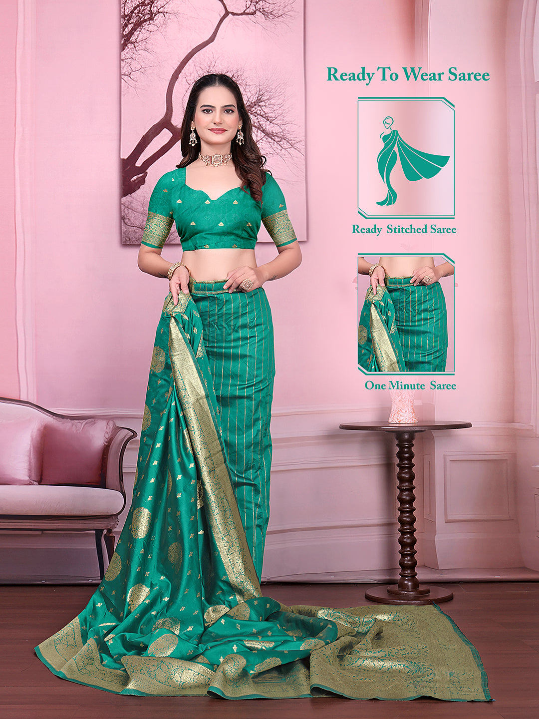 Floral Print Ready to Wear Banarasi Jacquard Party Saree with Unstitched Blouse