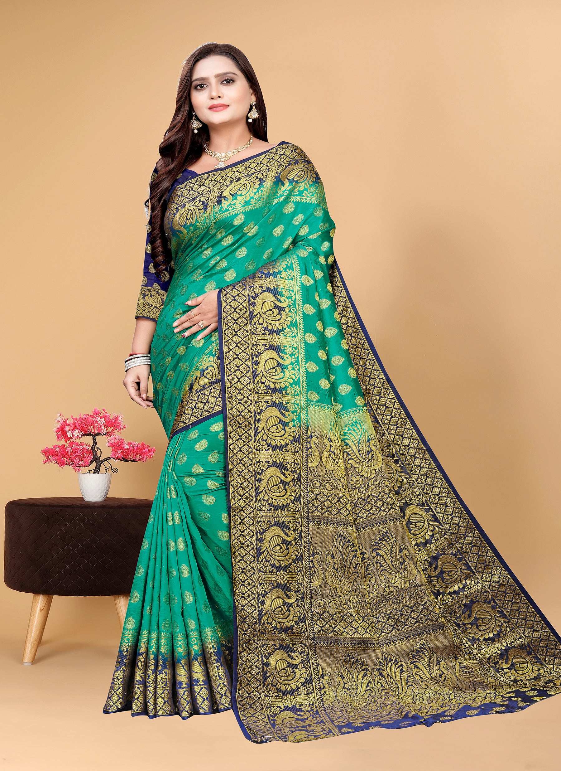 Pionex Woven Kanjivaram Banarasi Jacquard Nylon Silk Sarees