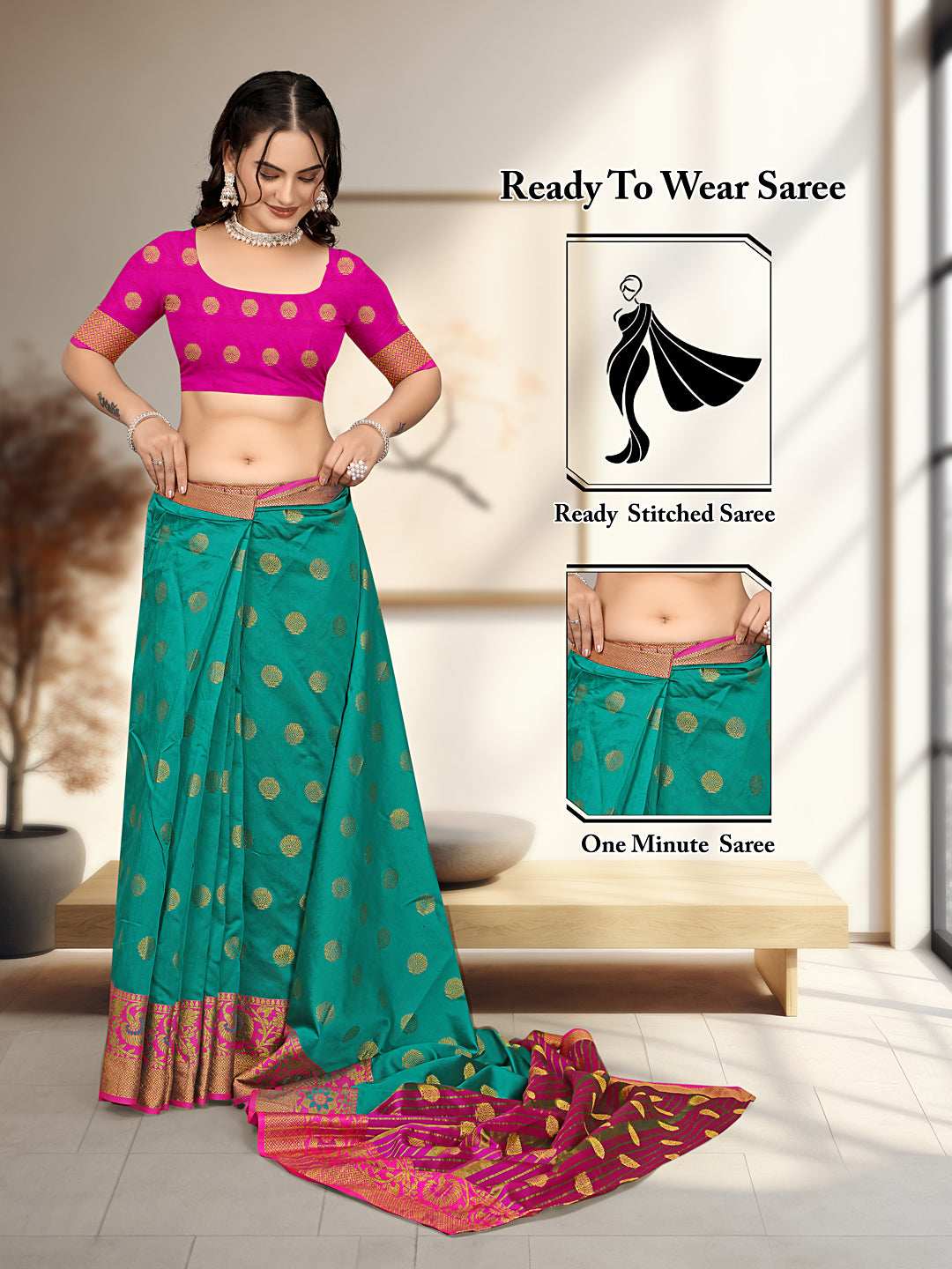 Ready To Wear Cotton Silk Woven Zari Jacquard Banarasi Traditional Saree