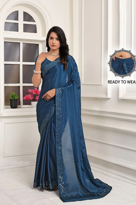 Pionex Ready To Wear Chinon Solid Saree With Embroidered Border