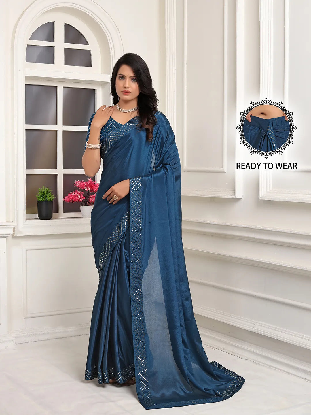 Pionex Ready To Wear Chinon Solid Saree With Embroidered Border