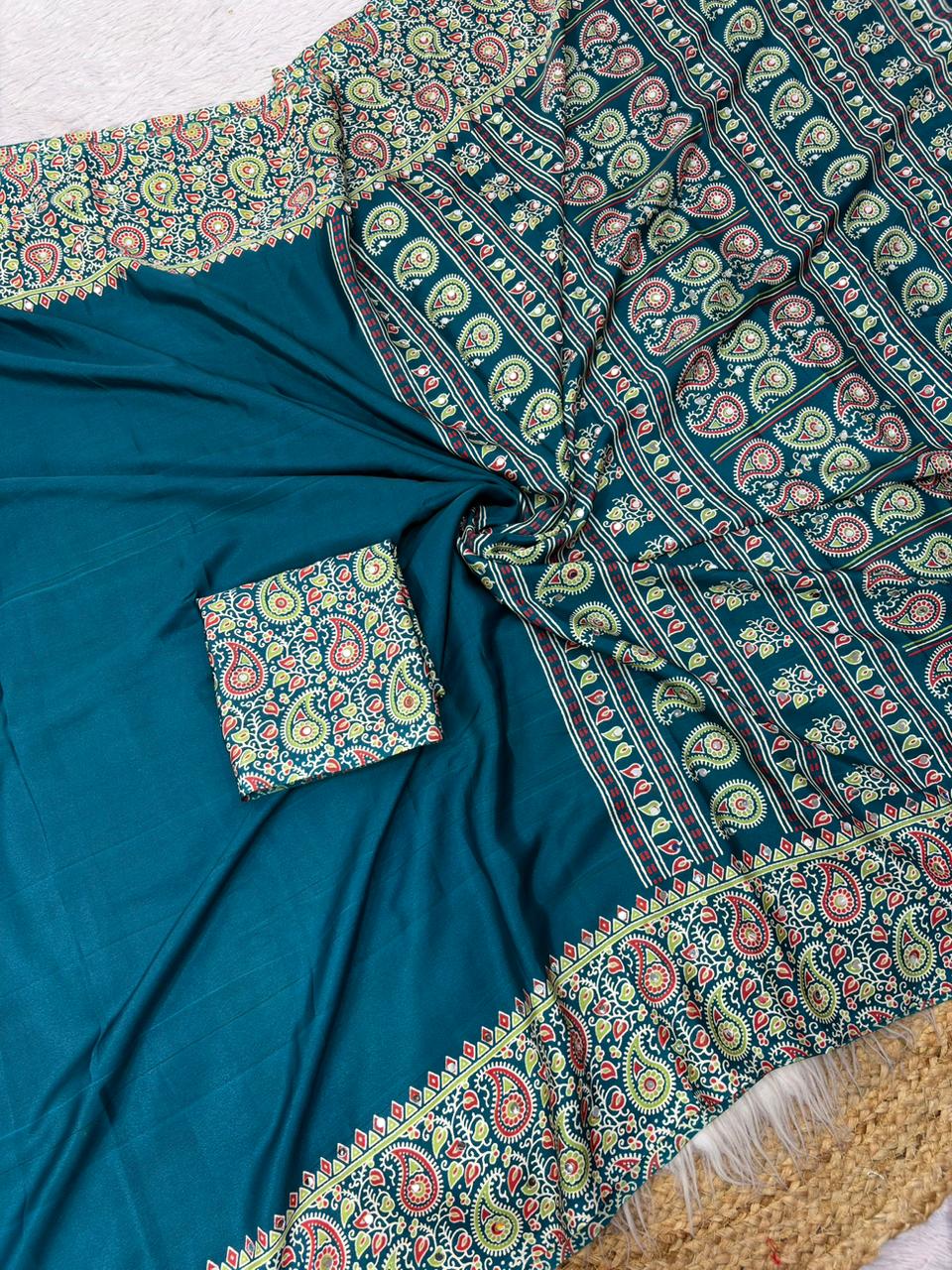 Soft Satin Ajrakh Printed Saree with Mirror Work