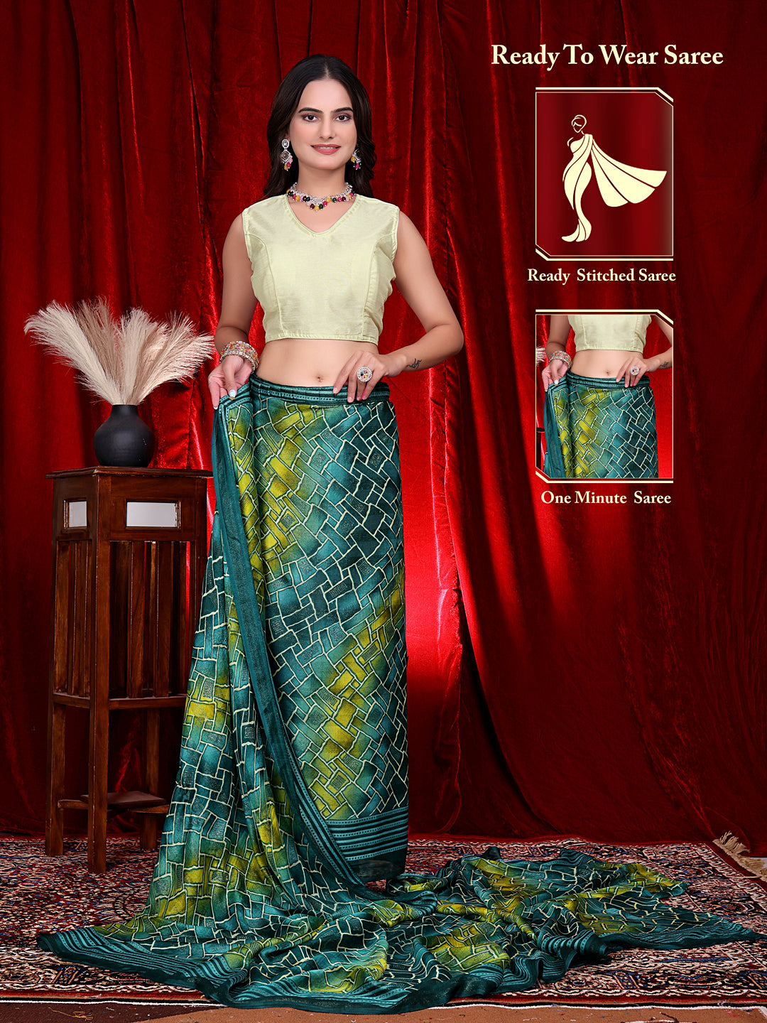 Heavy Chiffon Color Block Printed Ready-to-Wear Saree