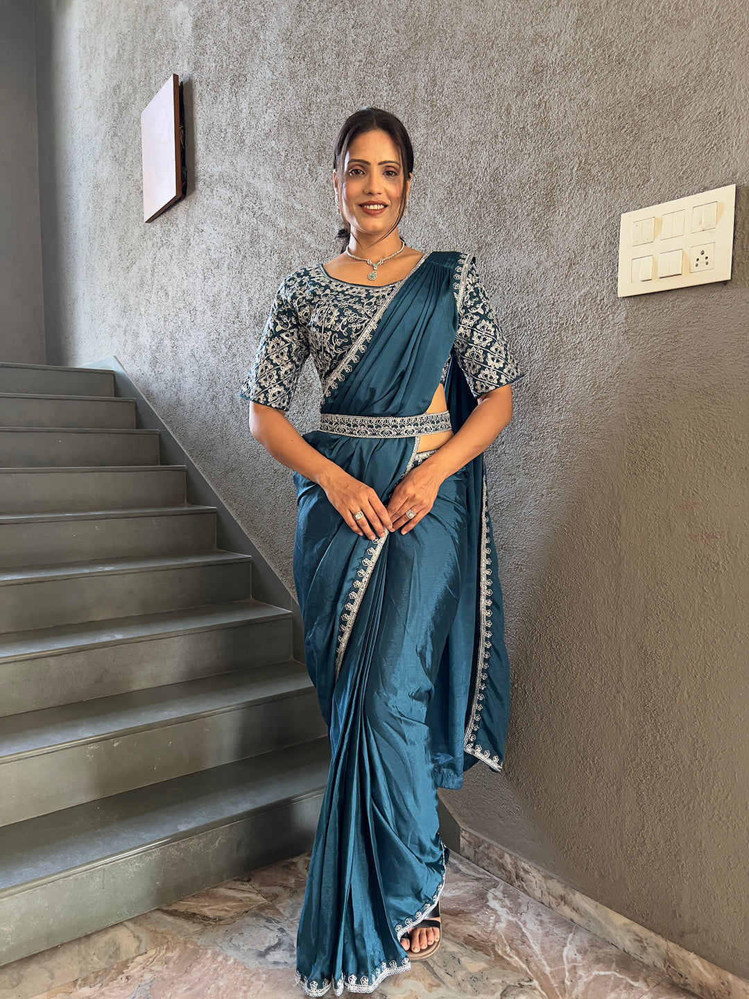 Ready To Wear Chinon Embroidery Work Saree With Stitched Blouse
