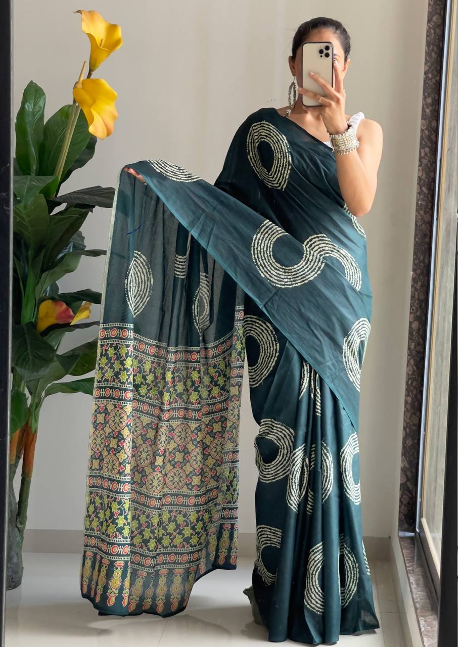 Ajrakh Bandhej Printed Mulmul Cotton Saree for Woman