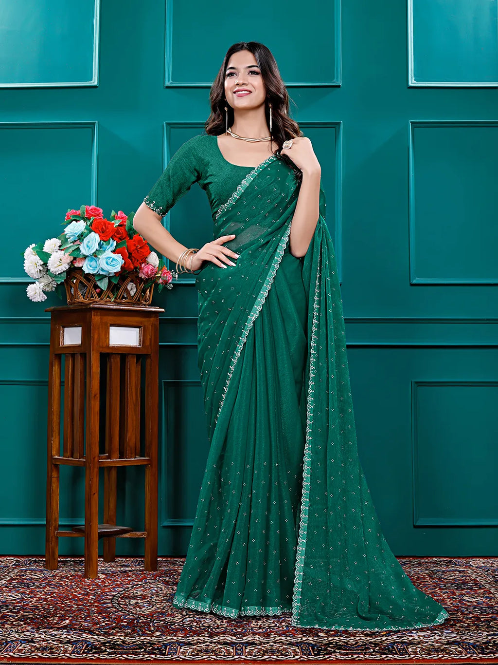 Chiffon Siroski Diamond Lace Work Saree