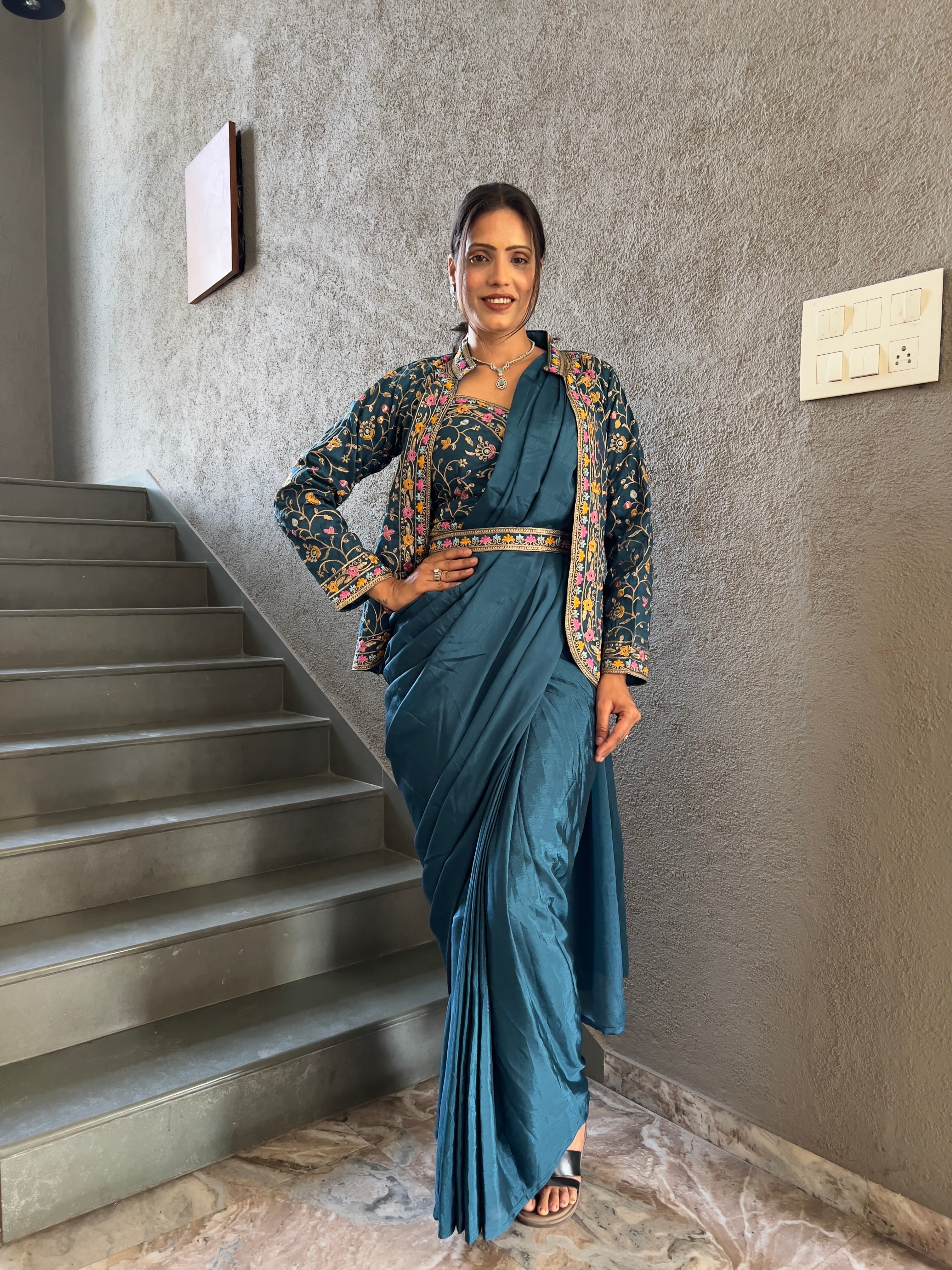 Heavy Chinon Jacket Saree With Blouse and Cording Embroidered Work