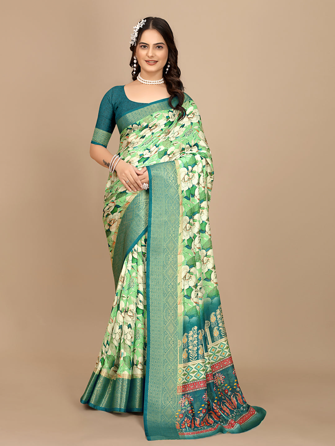 Moss Chiffon Digital Print Woven Border Saree