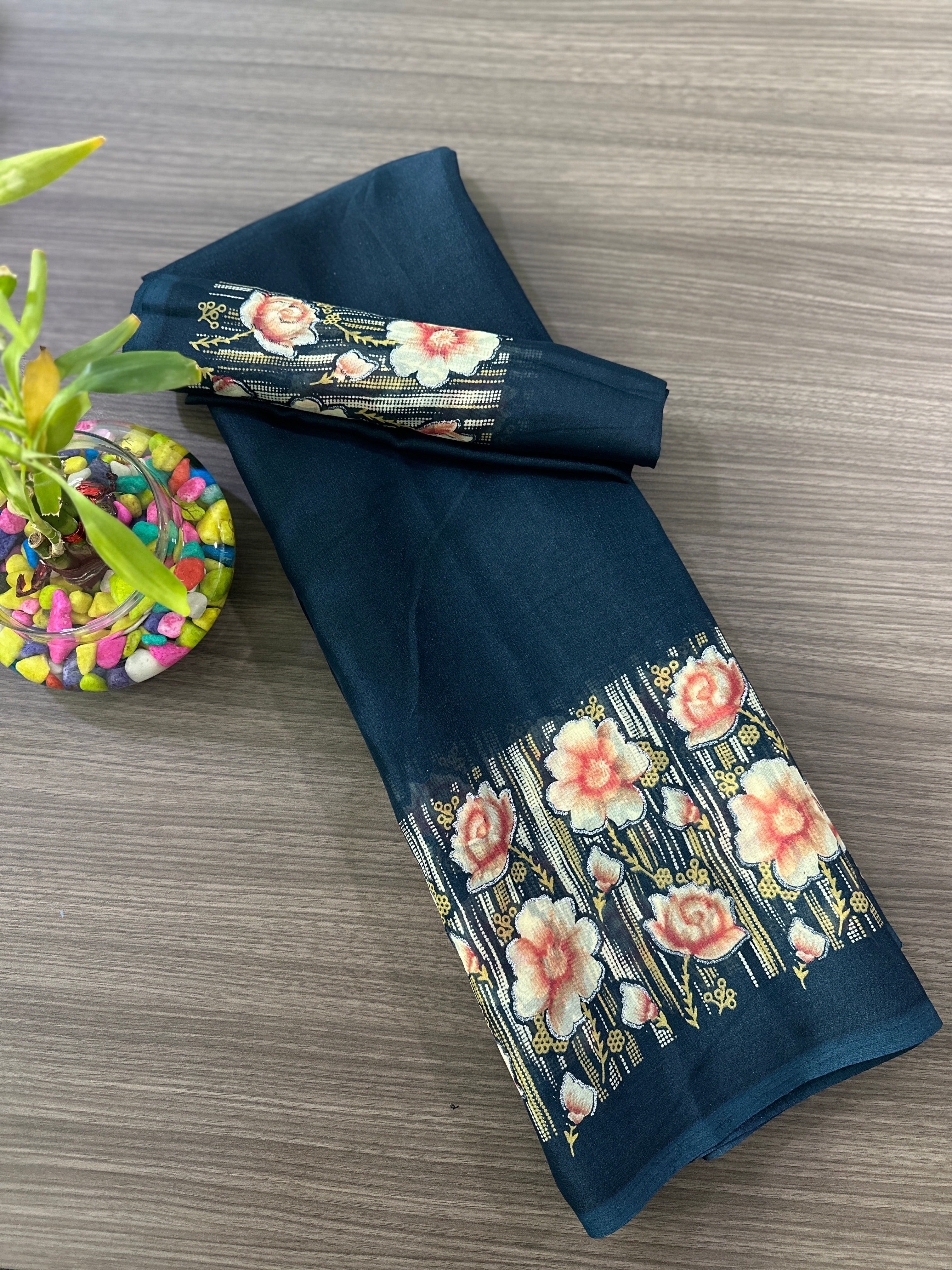 Elegant Floral Border Printed Georgette Border Saree
