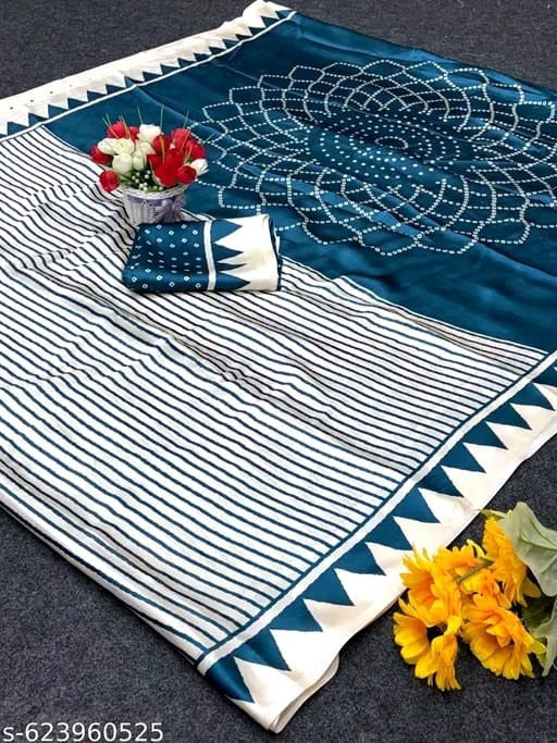 Crepe Silk Saree with Contemporary Geometric Stripes & Traditional Bandhani Print