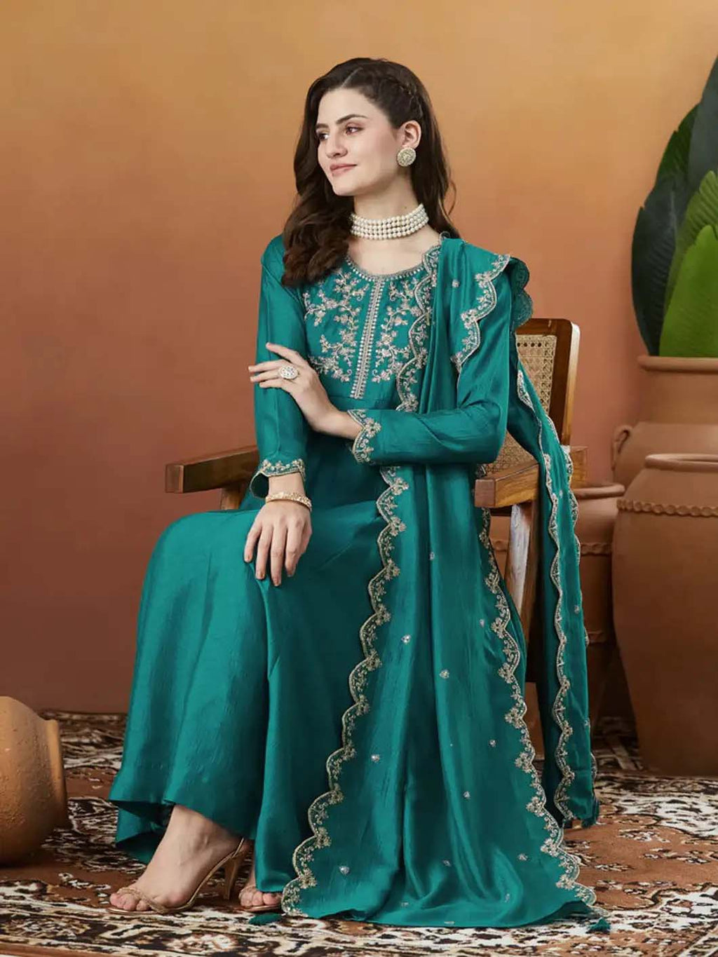 Silk Embroidered Anarkali Kurta, Pant & Dupatta Set