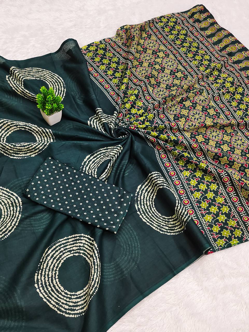 Ajrakh Bandhej Printed Mulmul Cotton Saree for Woman