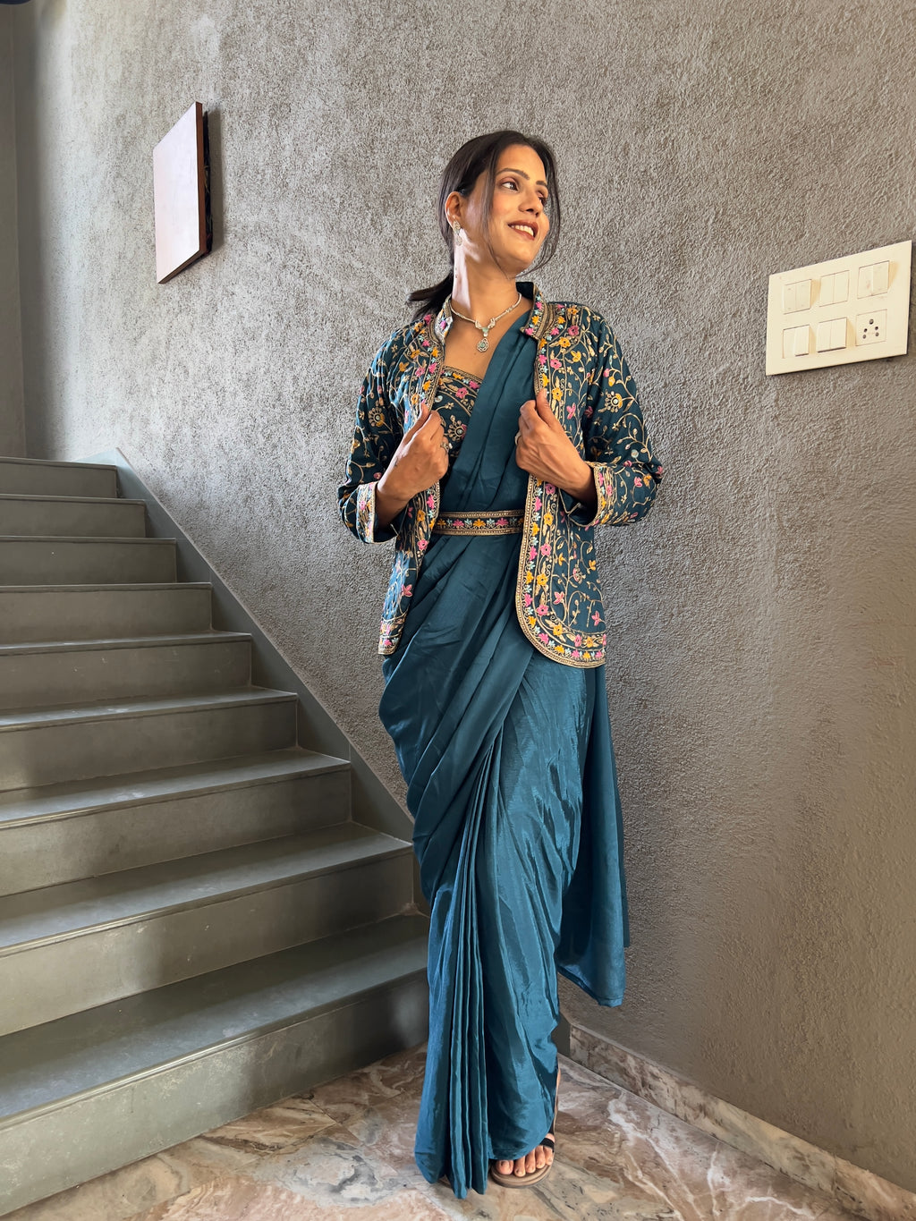 Heavy Chinon Jacket Saree With Blouse and Cording Embroidered Work