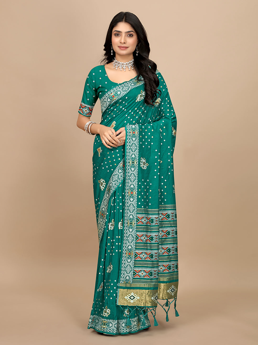Patola Print Cotton Silk Saree with Tassel Border Pallu