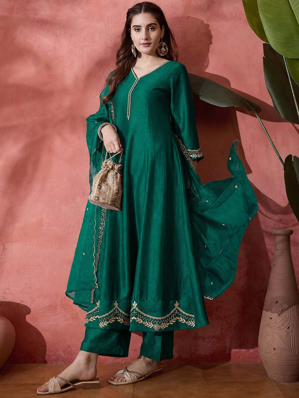 Elegant Zari Embroidered Silk Blend Anarkali Set