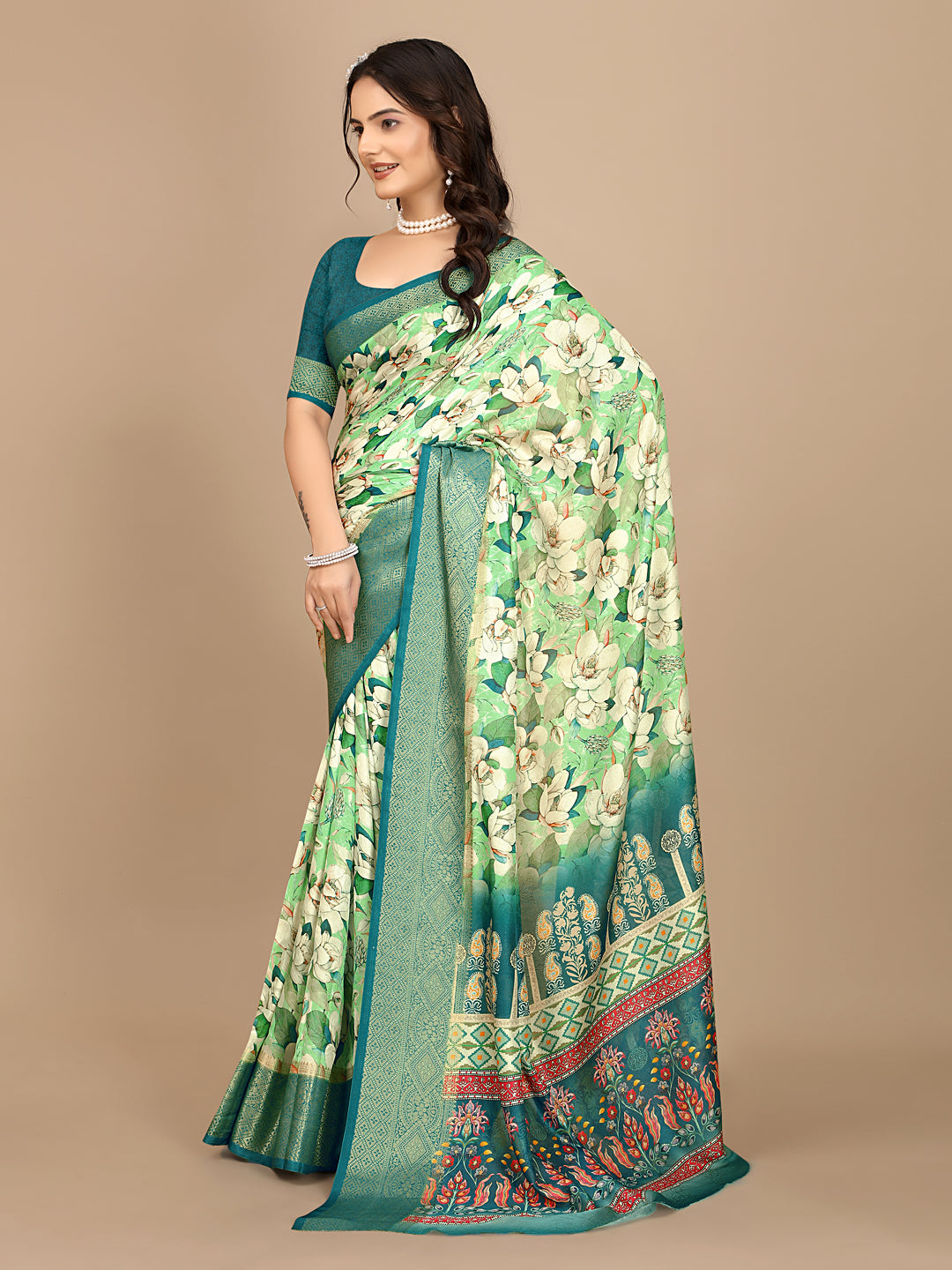 Moss Chiffon Digital Print Woven Border Saree