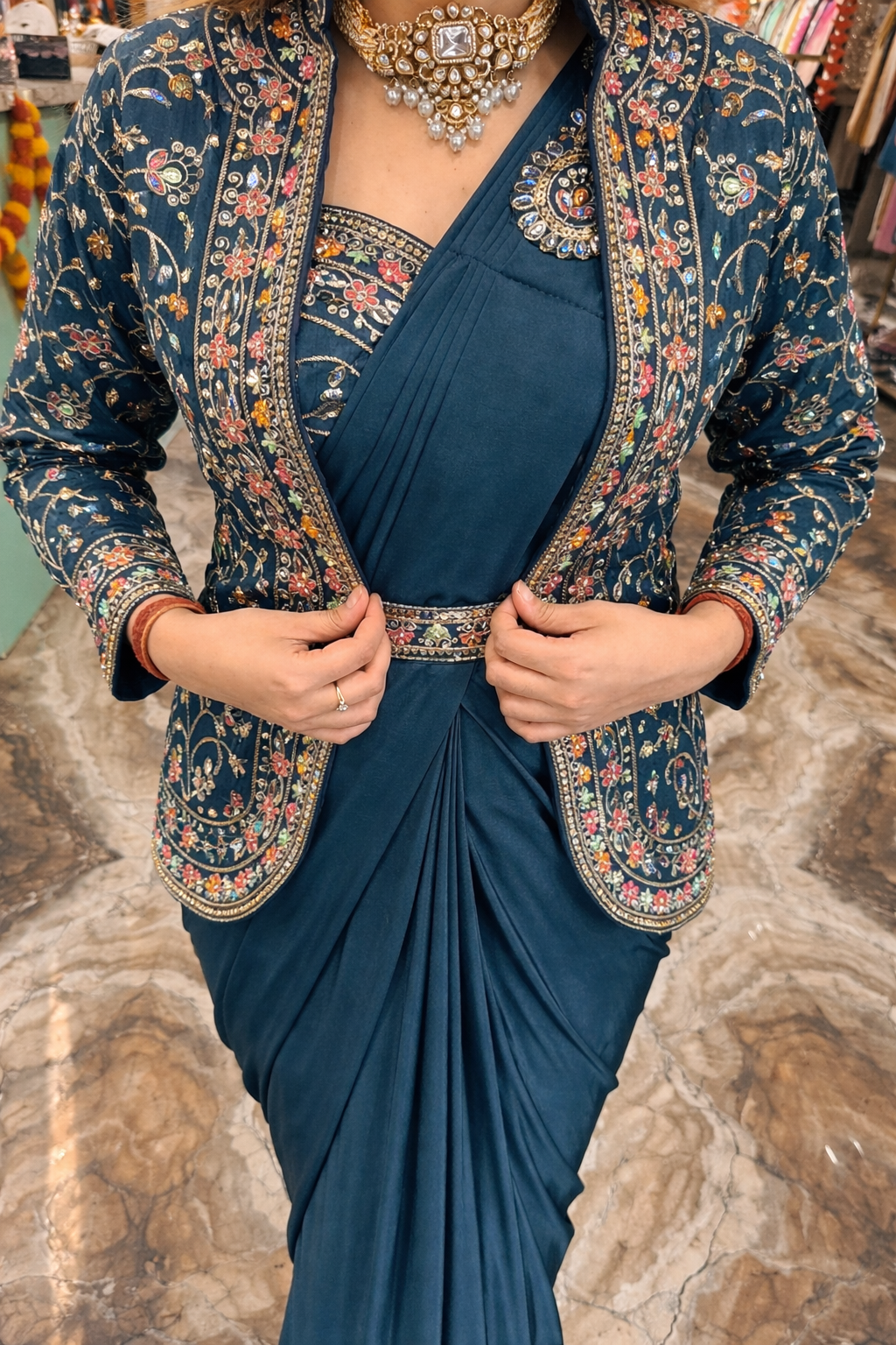 Trendy Indo-Western Ready-to-Wear Crepe Saree with Heavy Embroidered Koti & Stitched Blouse