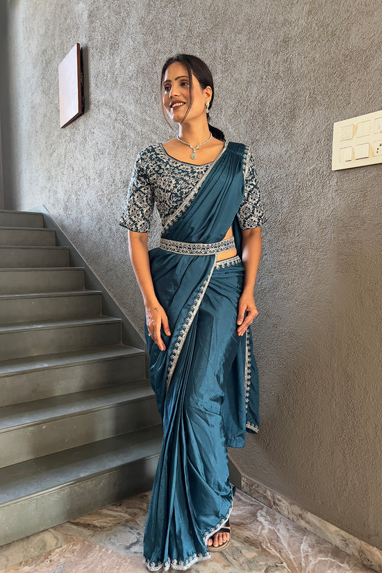 Ready To Wear Chinon Embroidery Work Saree With Stitched Blouse