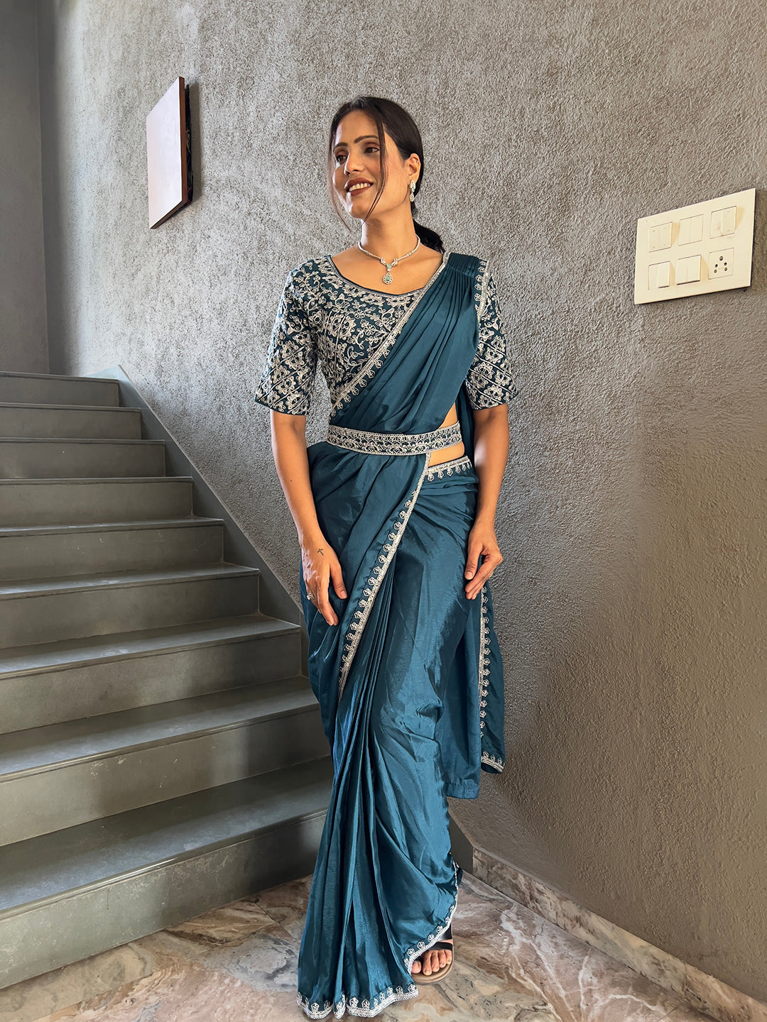 Ready To Wear Chinon Embroidery Work Saree With Stitched Blouse