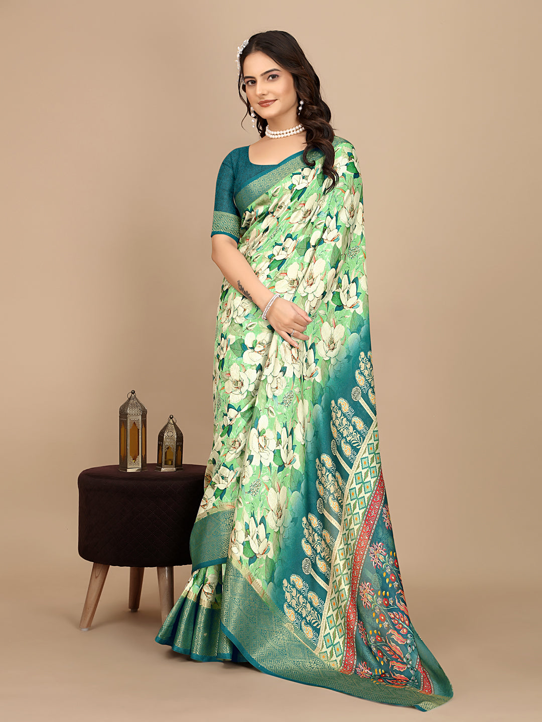 Moss Chiffon Digital Print Woven Border Saree