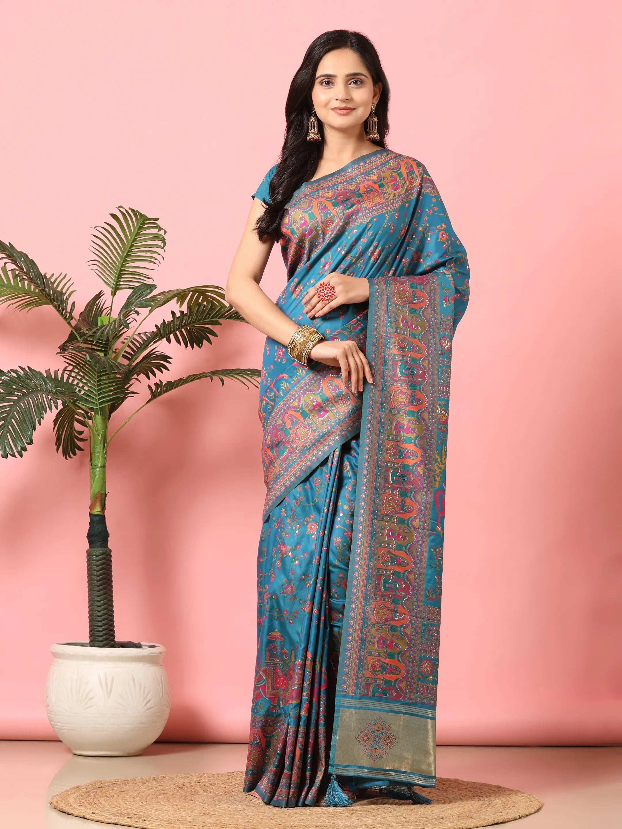 Floral Printed Woven Zari Pashmina Saree