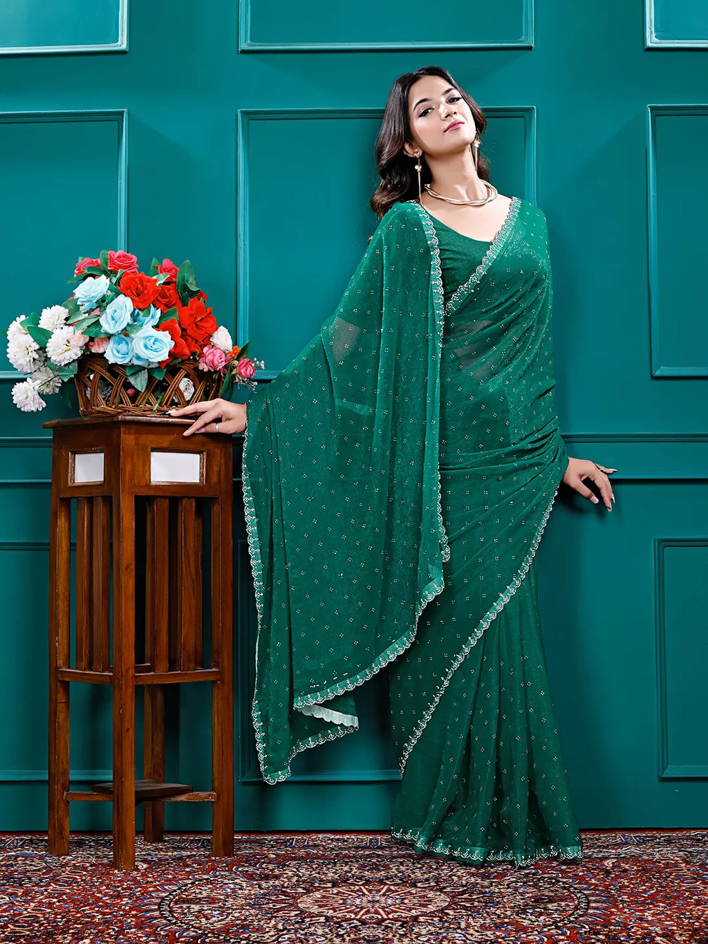 Chiffon Siroski Diamond Lace Work Saree
