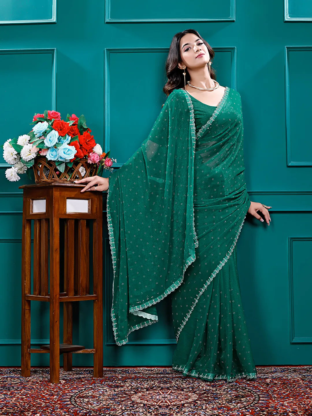 Chiffon Siroski Diamond Lace Work Saree