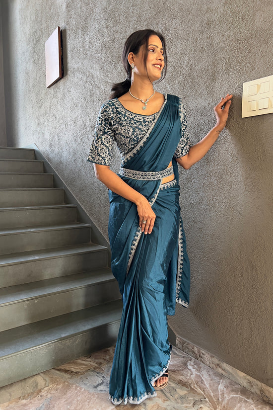 Ready To Wear Chinon Embroidery Work Saree With Stitched Blouse