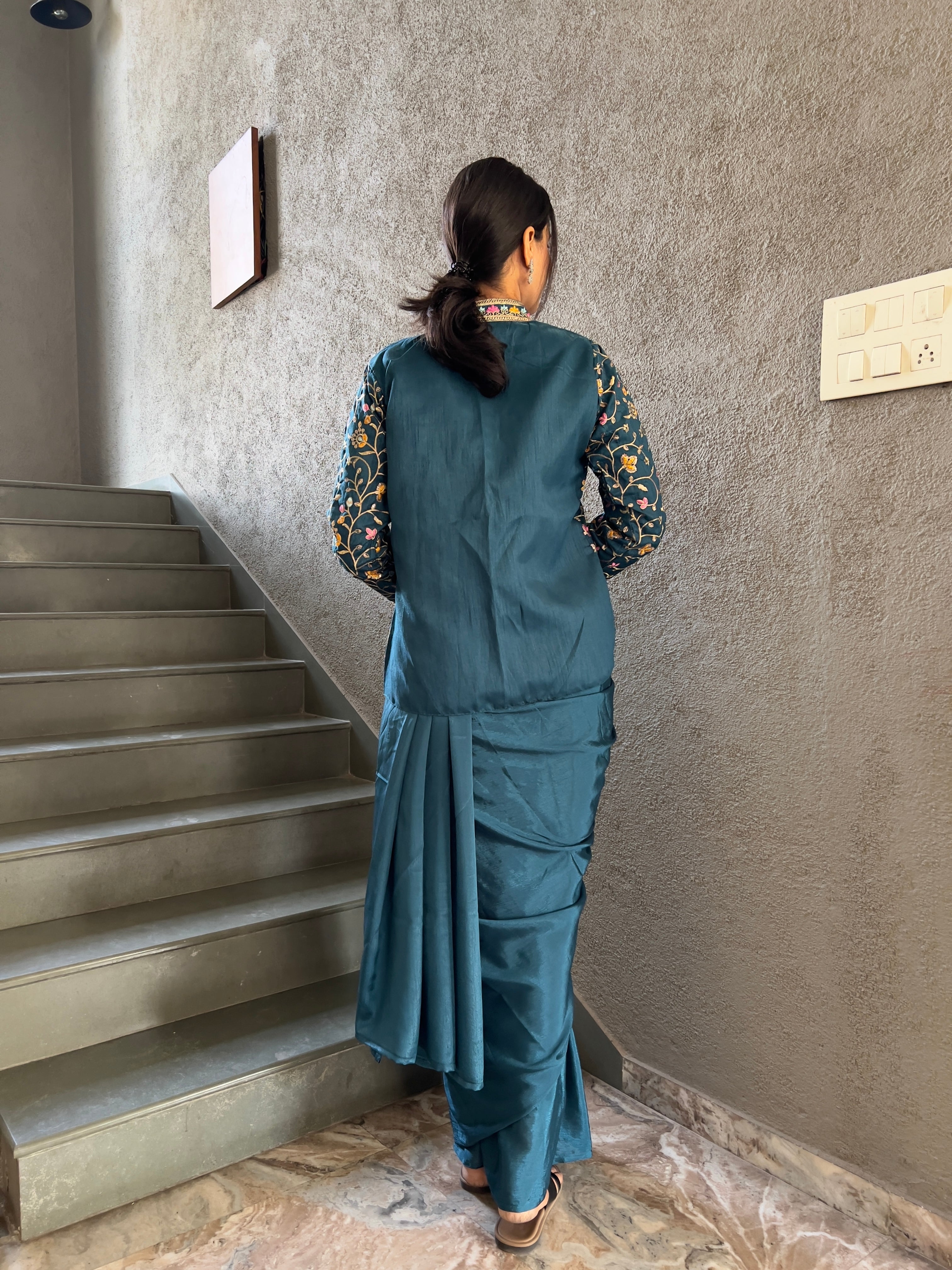 Heavy Chinon Jacket Saree With Blouse and Cording Embroidered Work