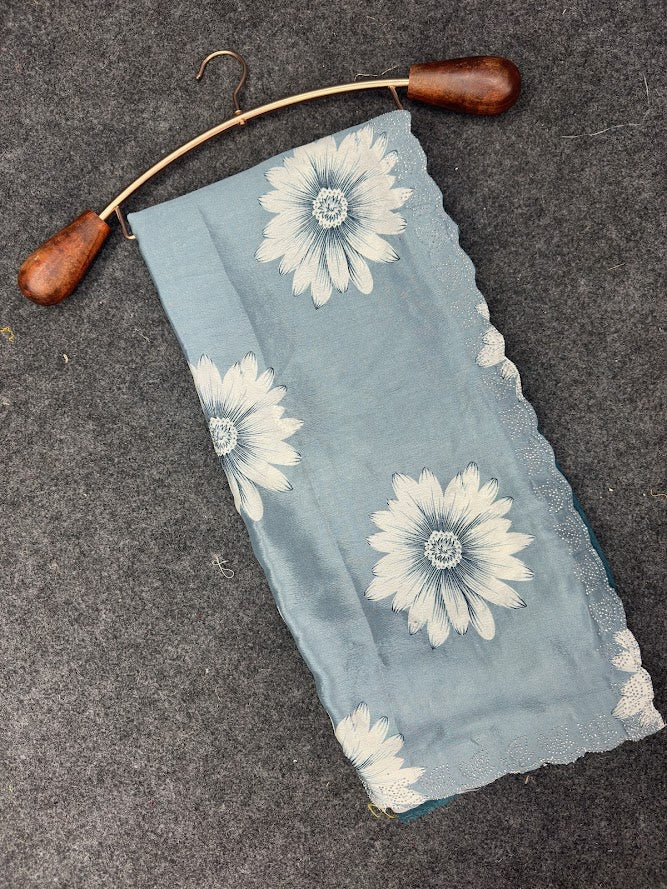 Elegant Printed Chinon Saree with Sparkling Siroksi Diamond Work Border