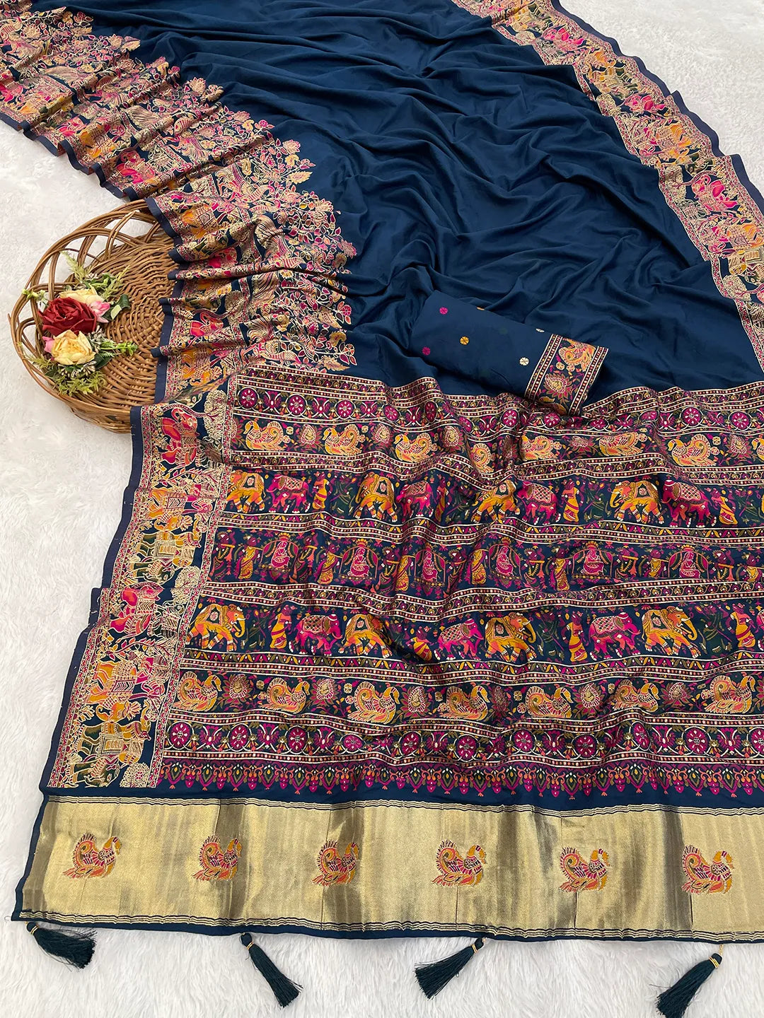 Floral Printed Woven Zari Pashmina Saree