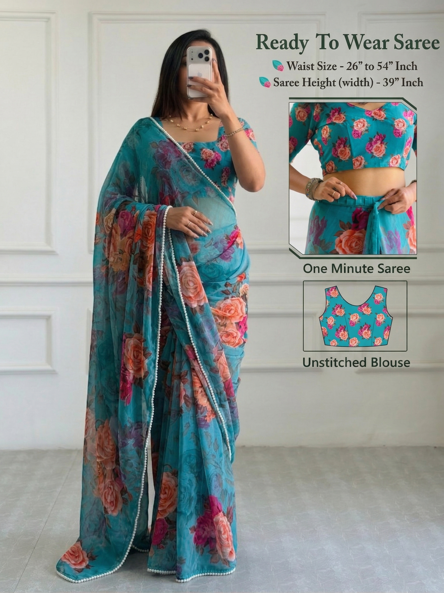 1-Mintue Ready-to-Wear Floral Printed Georgette Saree with Pearl (Moti) Work Border