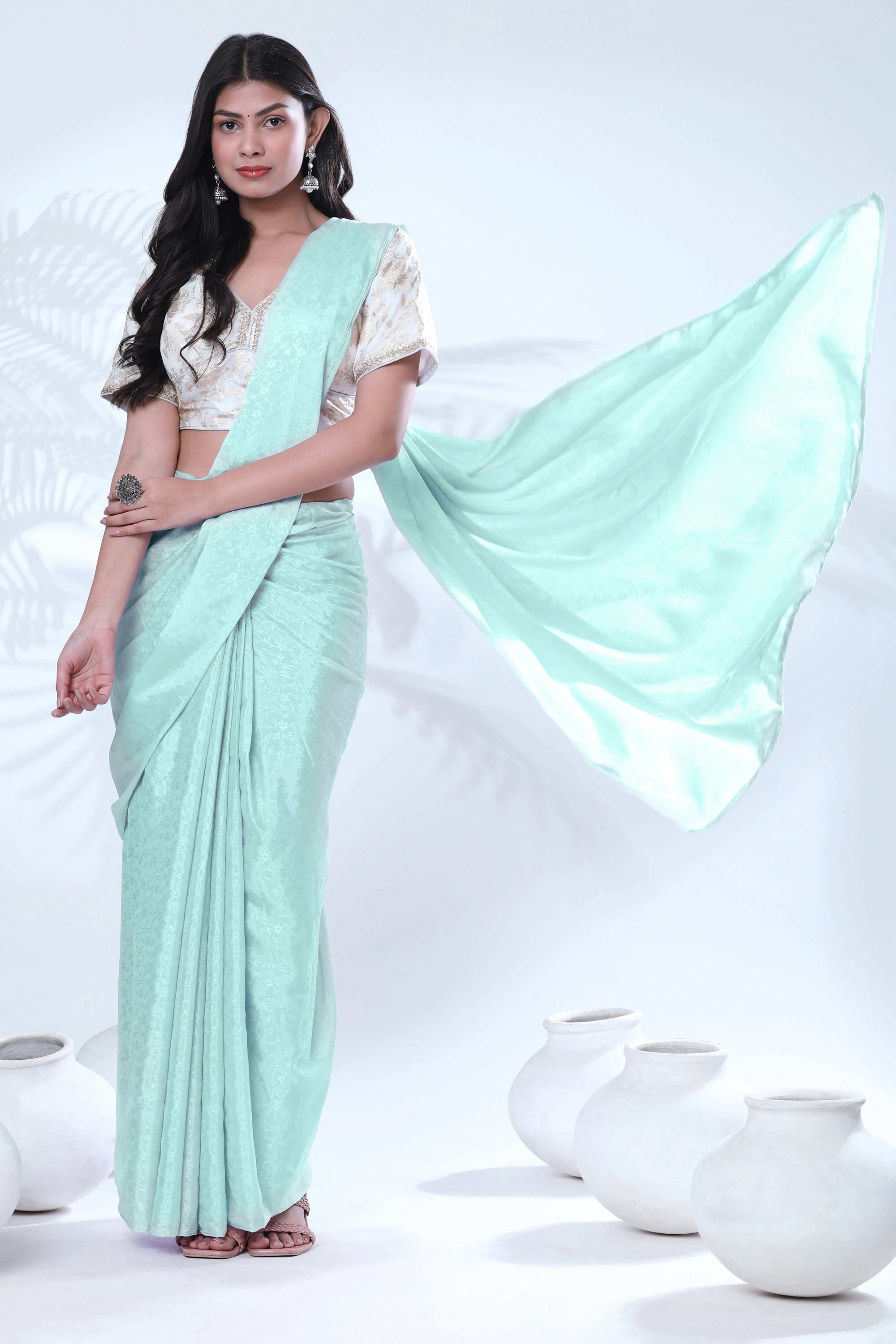 Ready To Wear Chiffon Pink Saree With Stitched Blouse