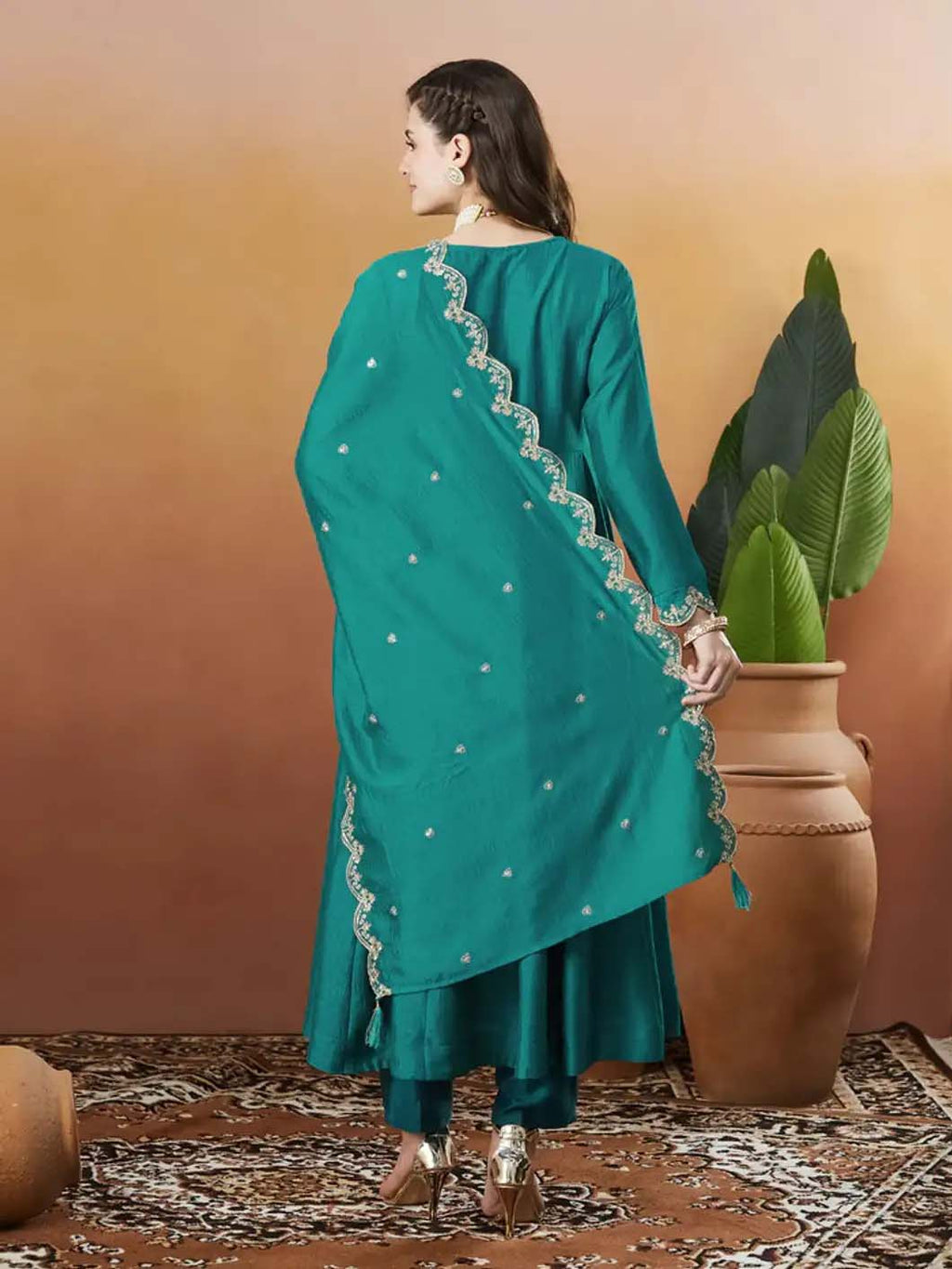 Silk Embroidered Anarkali Kurta, Pant & Dupatta Set
