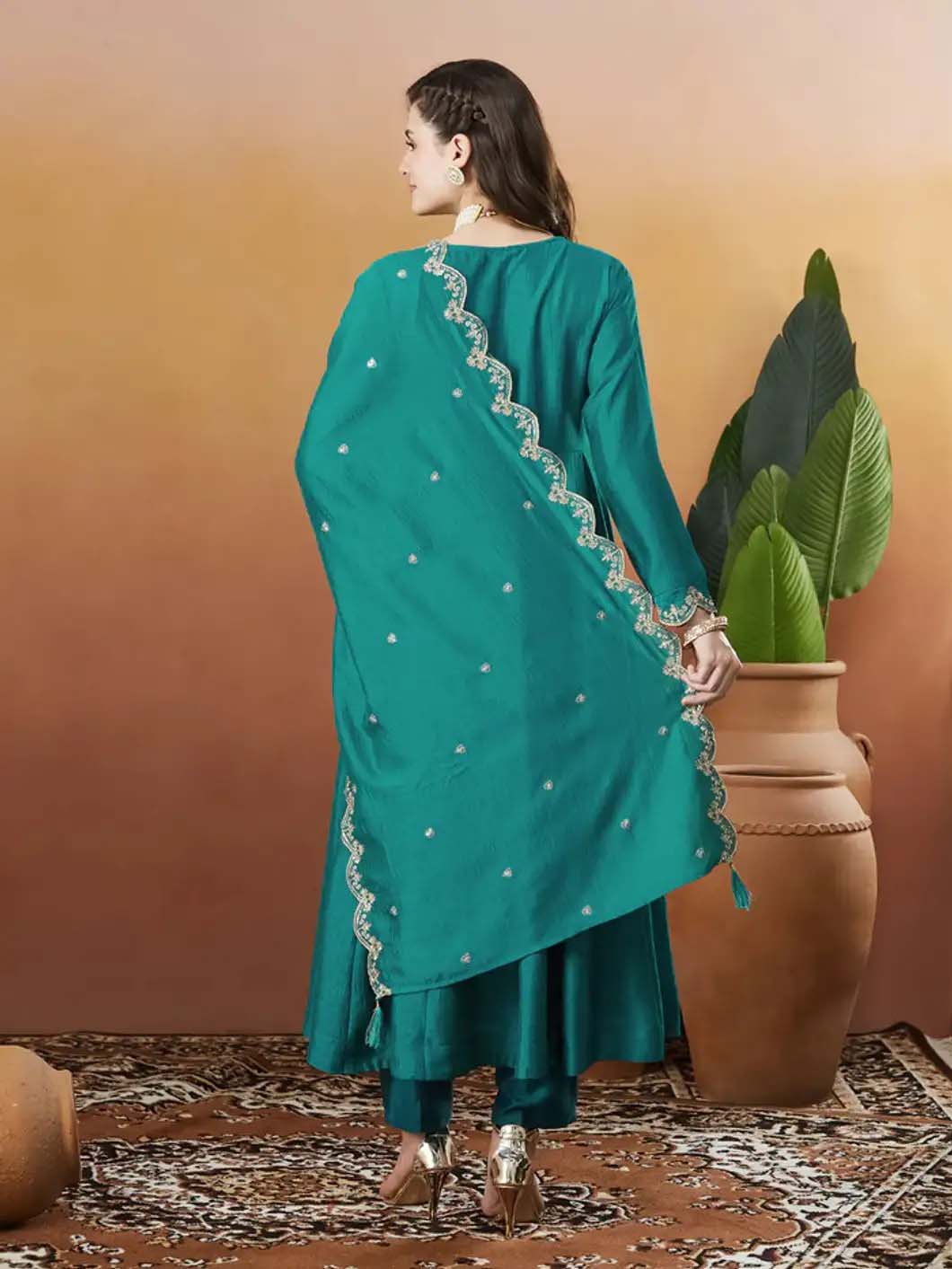 Silk Embroidered Anarkali Kurta, Pant & Dupatta Set