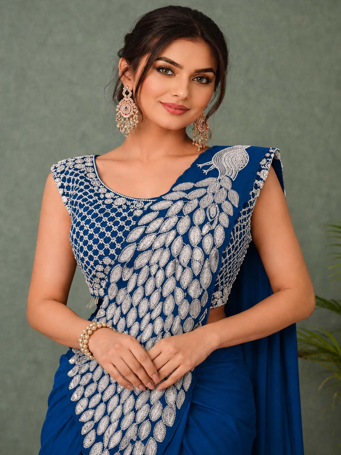 Ready to Wear Silk Crepe Saree with Heavy Embroidery Sequence Work Stitched Blouse